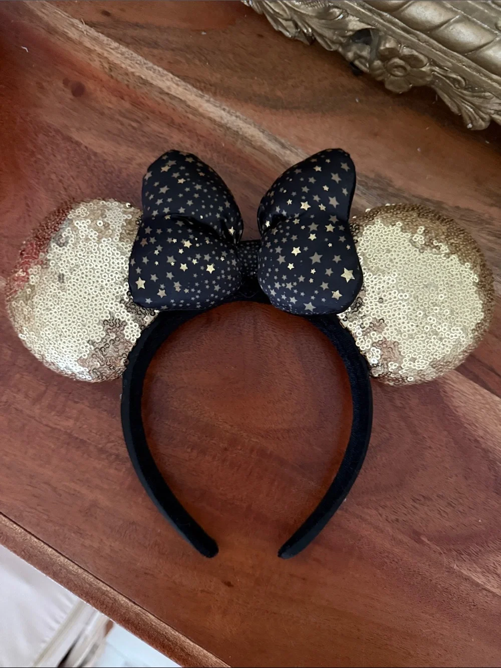 Disneyland Paris Gold Sequin Minnie Ears Headband with Black Star Bow